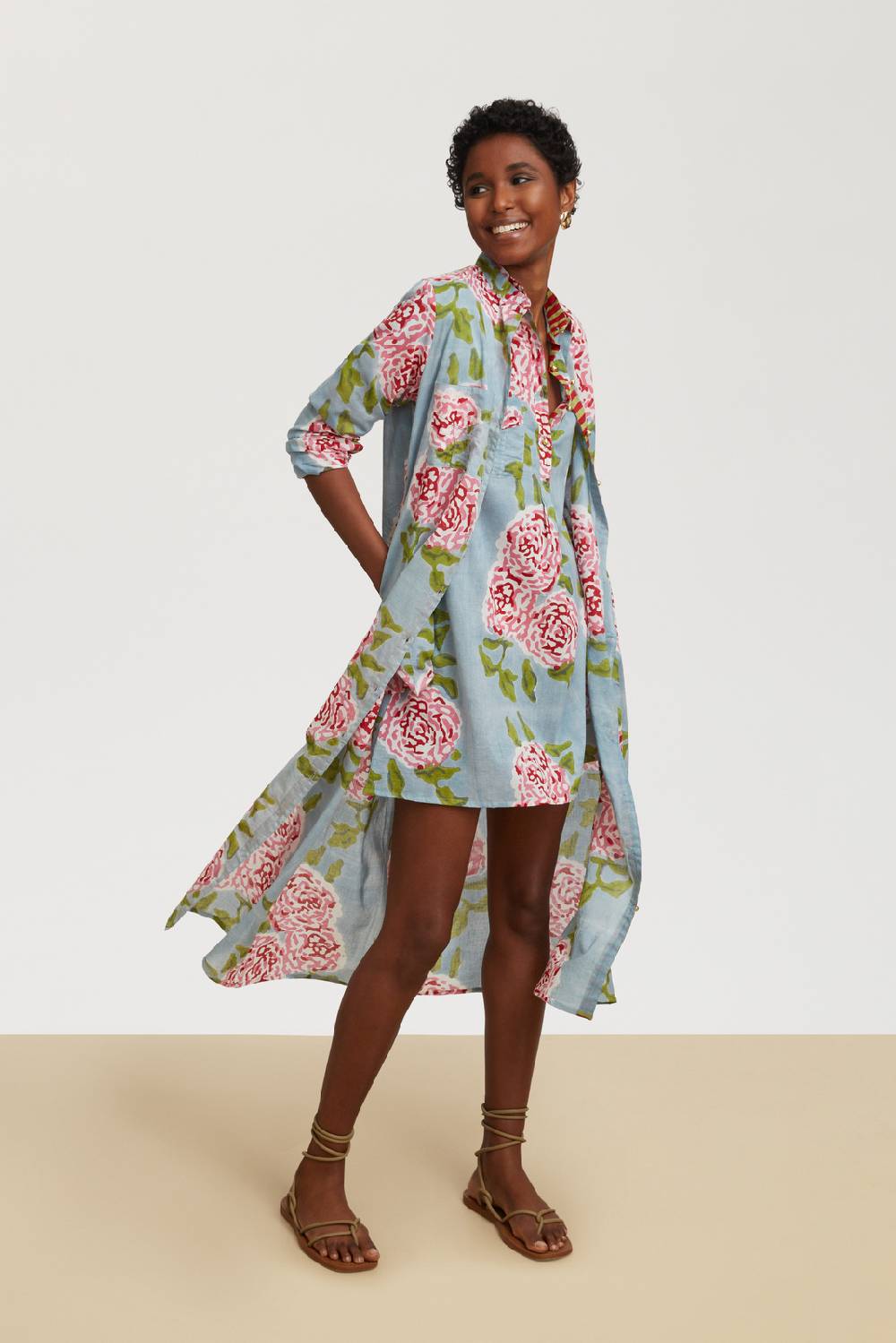 Lisa Corti kurta corta leopard flower sky light blue Spedizione Gratuita