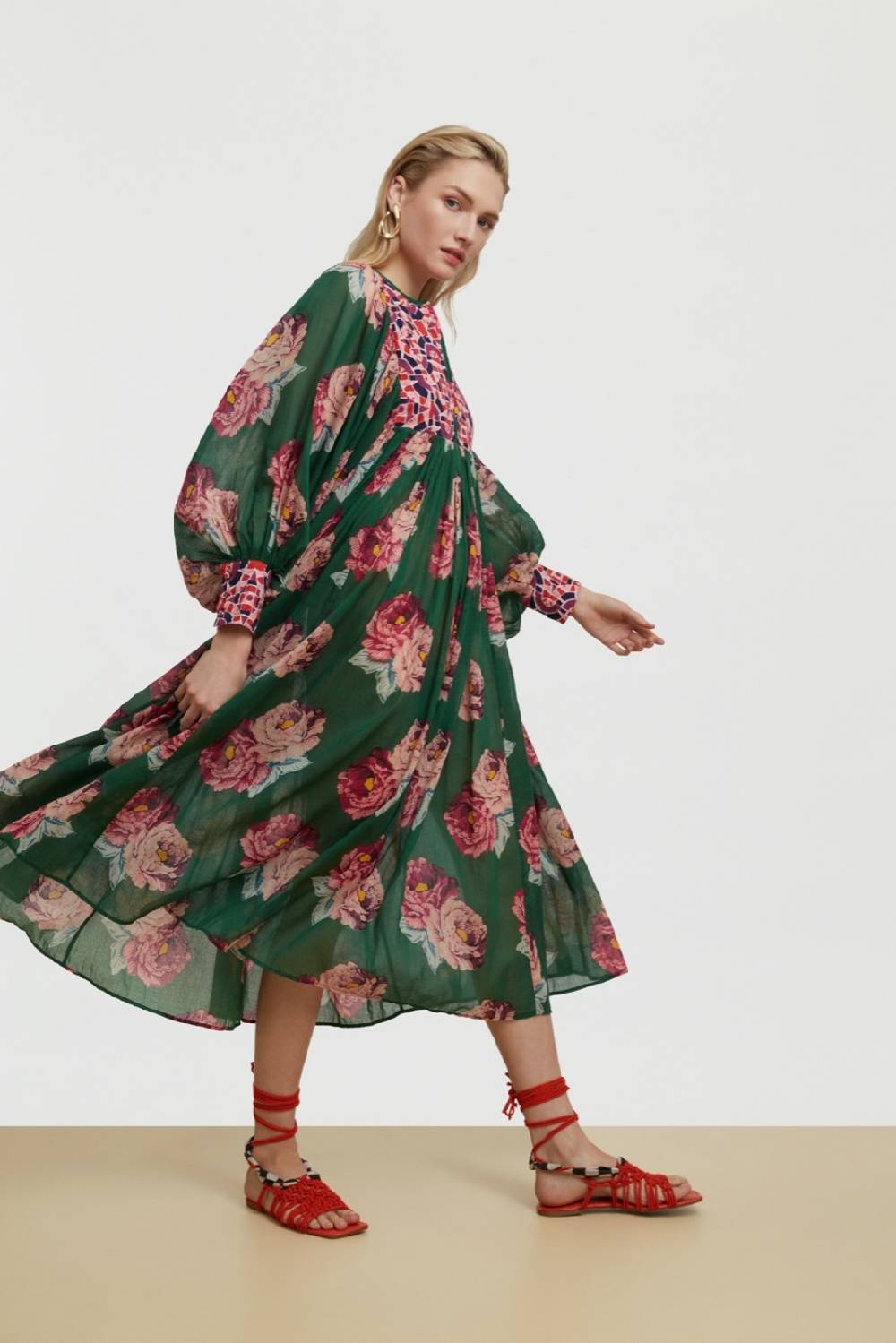 Lisa Corti abito ortensia folk rose green Vendita Economica