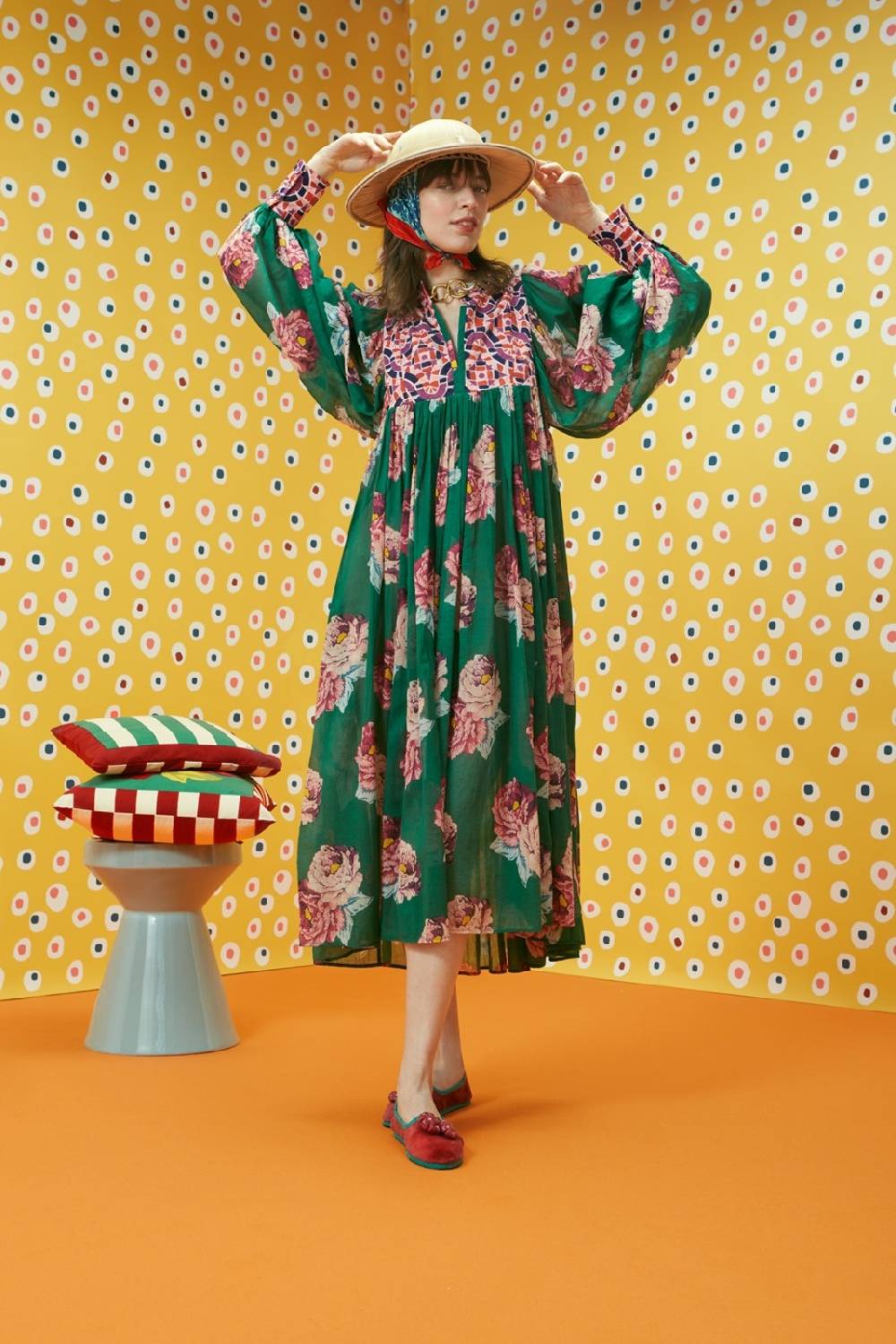 Lisa Corti abito ortensia folk rose green Vendita Economica