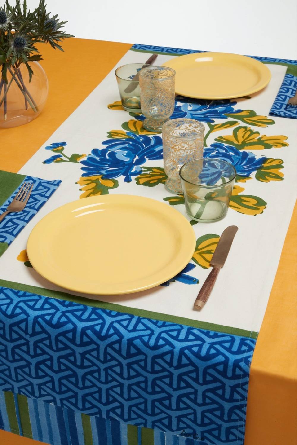 Lisa Corti tovaglietta doppia cotone 50x150cm vienna blue cream Spedizione Gratuita