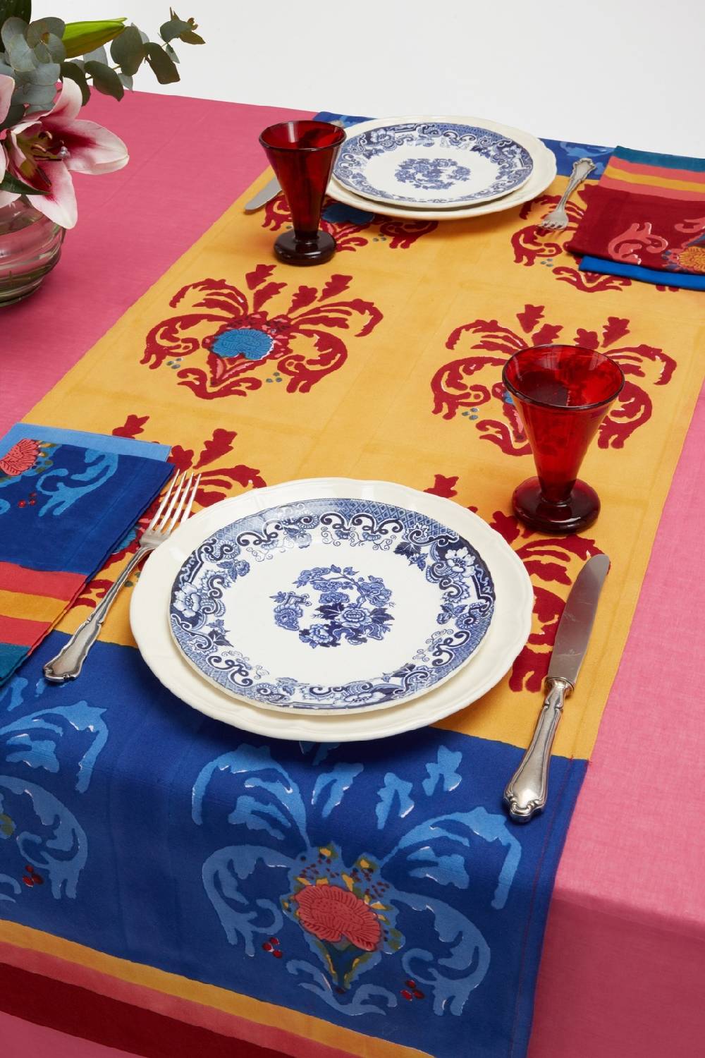 Lisa Corti tovaglietta doppia cotone 50x150cm brocade royal blue Consegna Veloce