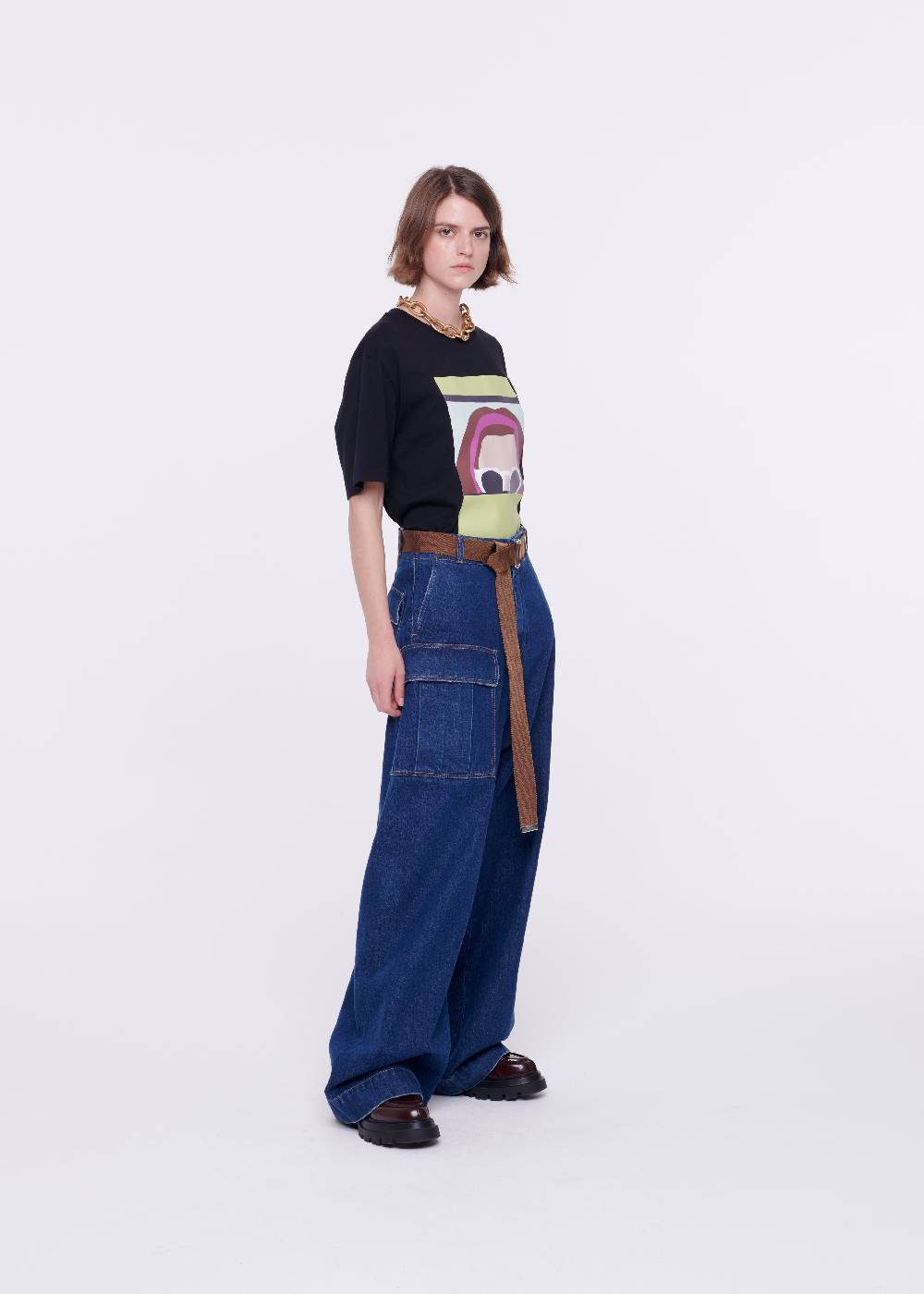 Plan C JEANS A GAMBA AMPIA CON CINTURA MARRONE Italia