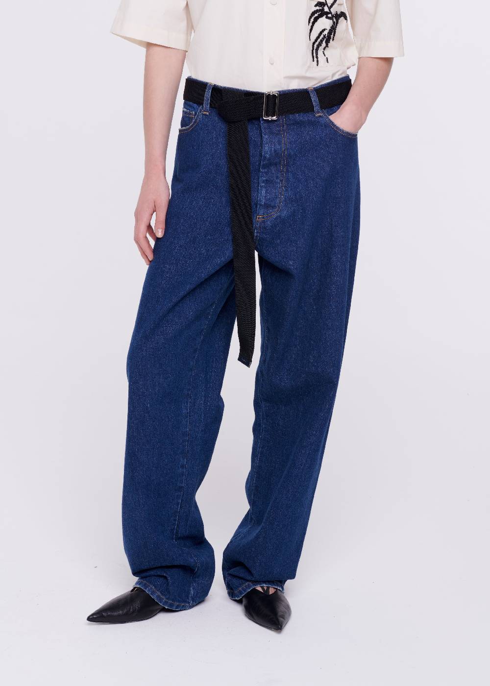 Plan C JEANS A GAMBA AMPIA CON CINTURA NERA Italy