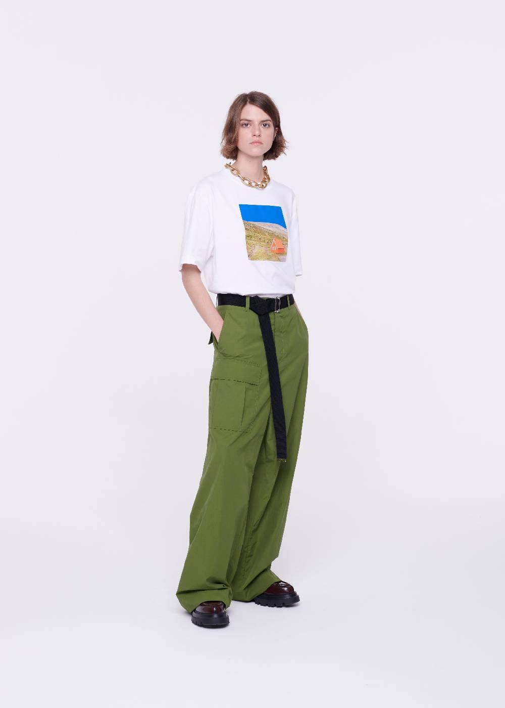 Plan C PANTALONI CARGO VERDE MILITARE CON CINTURA Qualità