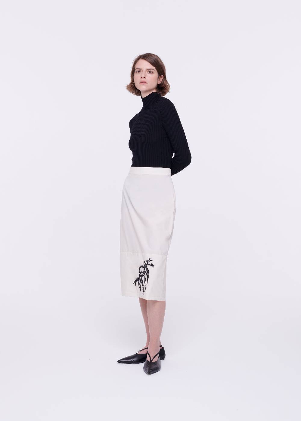 Plan C GONNA MIDI IN COTONE TECNICO CON RICAMO IN PAILLETTES Presa