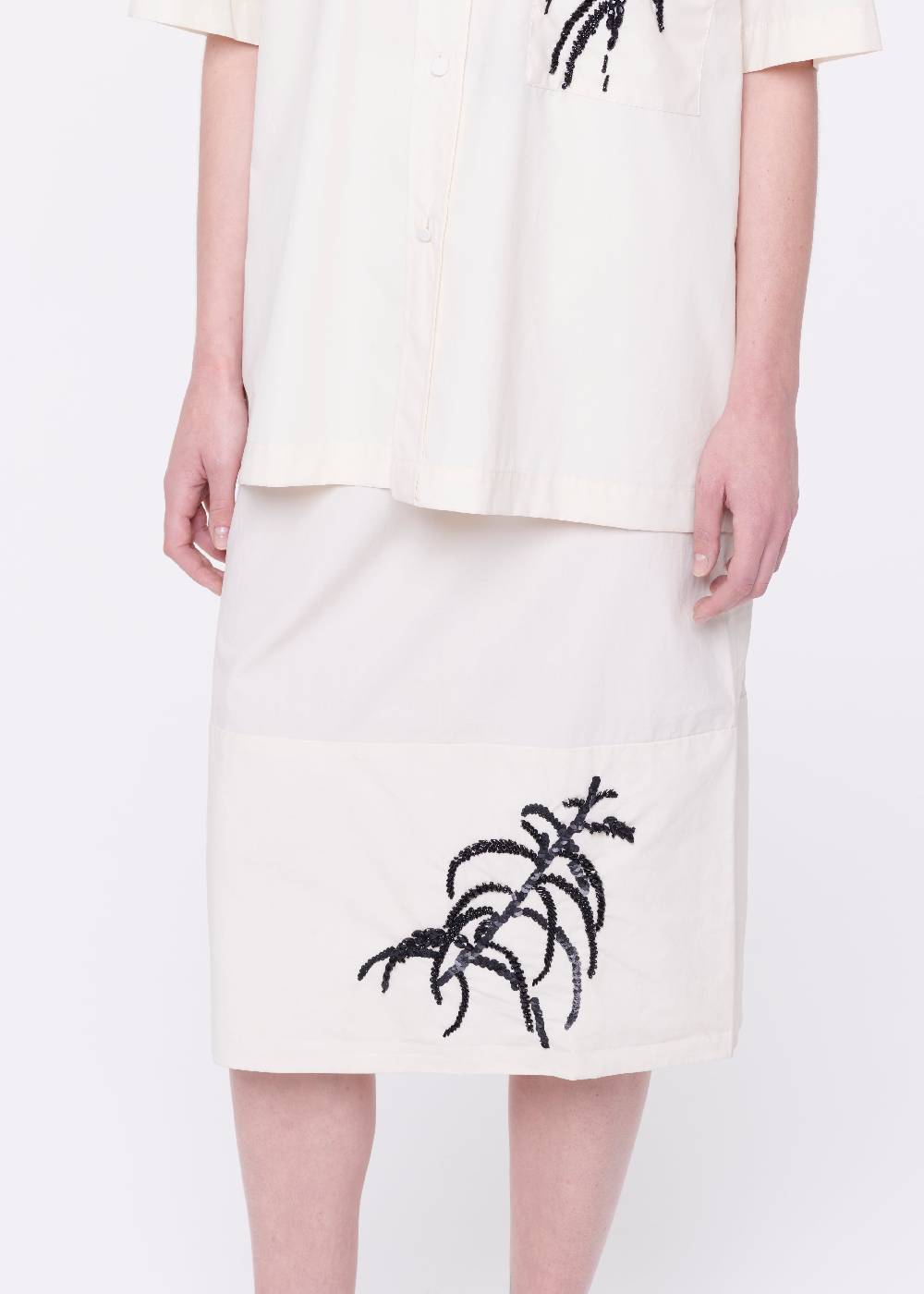 Plan C GONNA MIDI IN COTONE TECNICO CON RICAMO IN PAILLETTES Presa