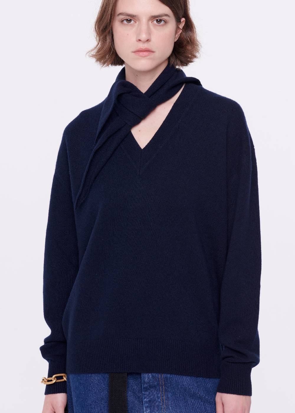 Plan C MAGLIONE CON FOULARD NAVY IN LANA Italy