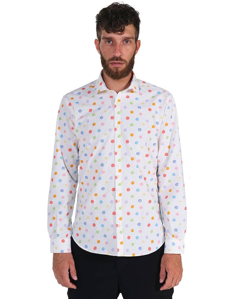 Poggianti Camicia Fantasia Collo Morbido Bianco Qualità