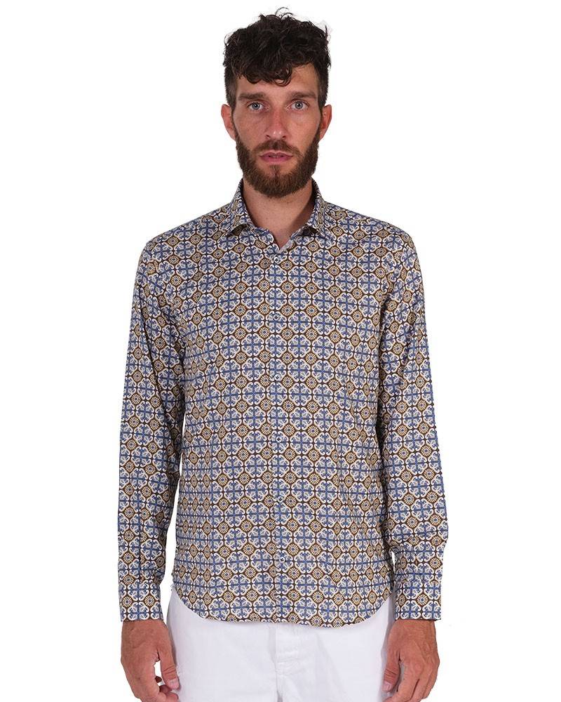 Poggianti Camicia Fantasia Collo Morbido Azzurro/Marrone Pezzi Unici