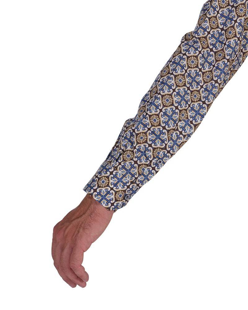 Poggianti Camicia Fantasia Collo Morbido Azzurro/Marrone Pezzi Unici