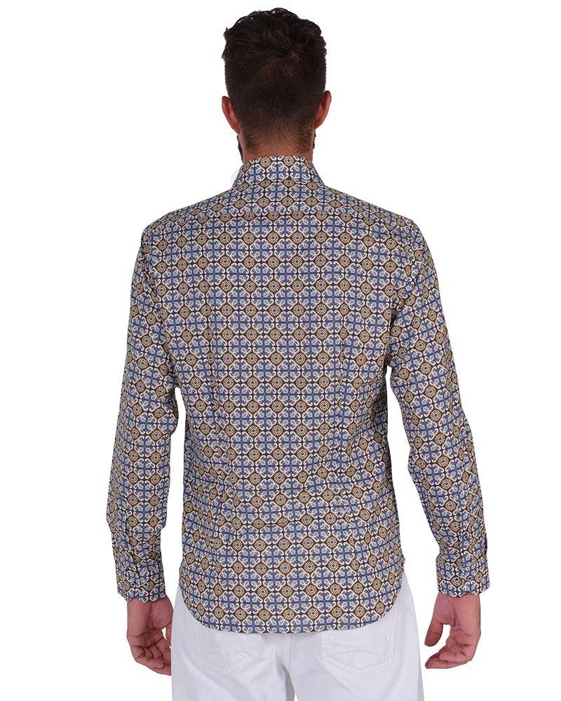 Poggianti Camicia Fantasia Collo Morbido Azzurro/Marrone Pezzi Unici