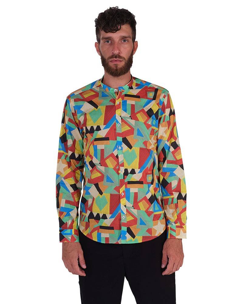 Poggianti Camicia fantasia geometrica multicolor, Collo coreano Qualità Garantita