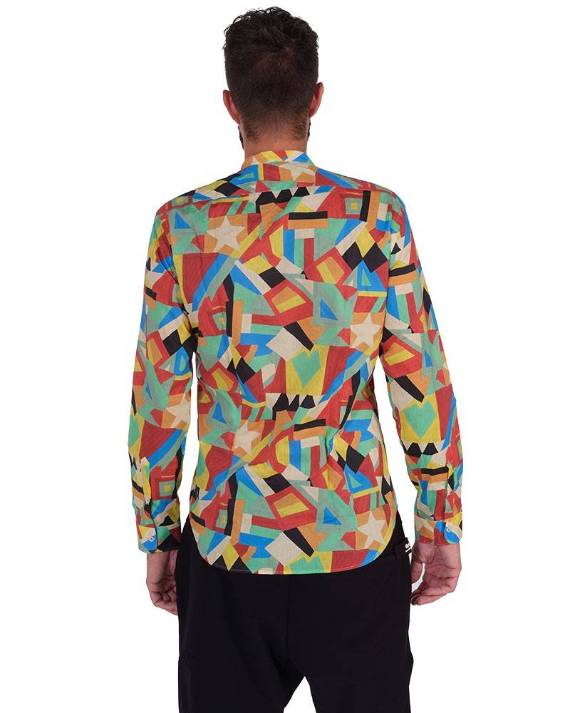 Poggianti Camicia fantasia geometrica multicolor, Collo coreano Qualità Garantita
