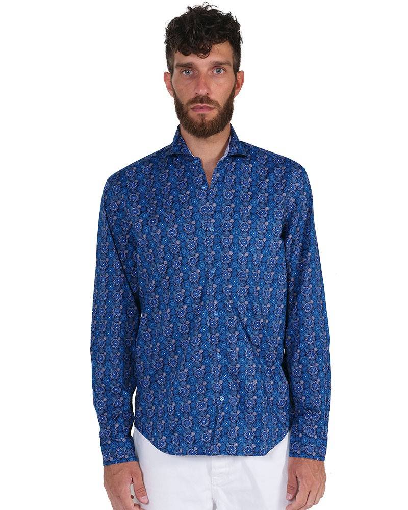 Poggianti Camicia Fantasia Collo Morbido Azzurro/Bianco Vendite Flash