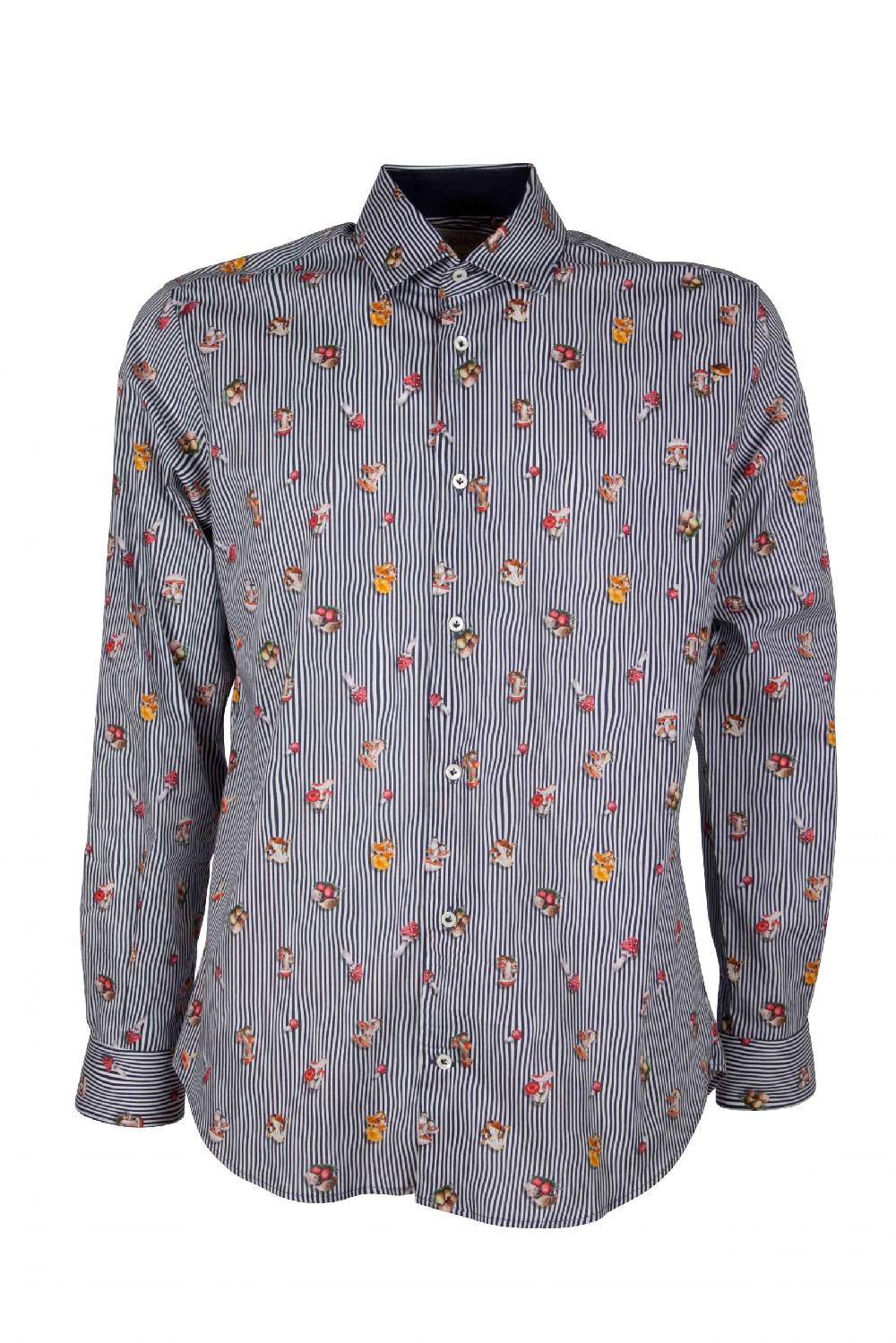 Poggianti Camicia uomo stretch con stampa funghi su riga CALCI-73-136-01 Italia