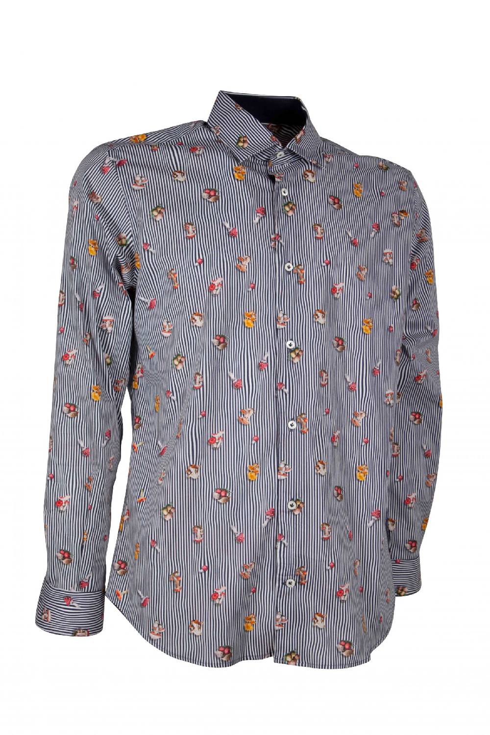 Poggianti Camicia uomo stretch con stampa funghi su riga CALCI-73-136-01 Italia