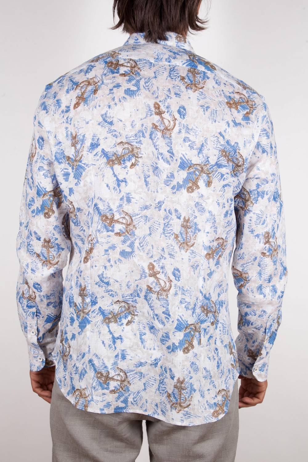 Poggianti Camicia Fantasia Lino Collo Francese 403-01 Prezzo Ridotto