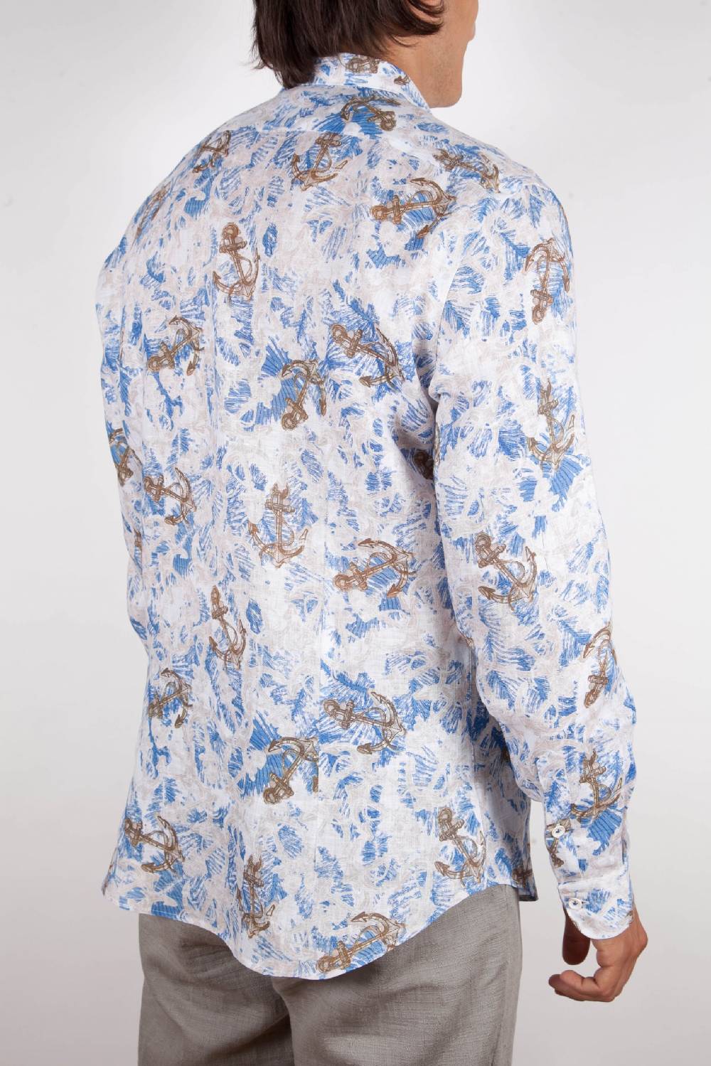 Poggianti Camicia Fantasia Lino Collo Francese 403-01 Prezzo Ridotto