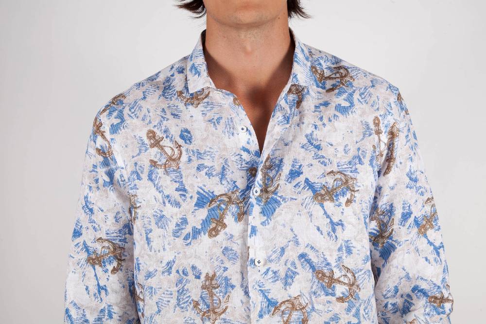 Poggianti Camicia Fantasia Lino Collo Francese 403-01 Prezzo Ridotto