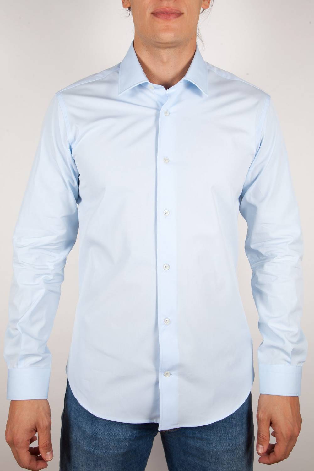 Poggianti Camicia Celeste Popeline Collo Italiano C01-3