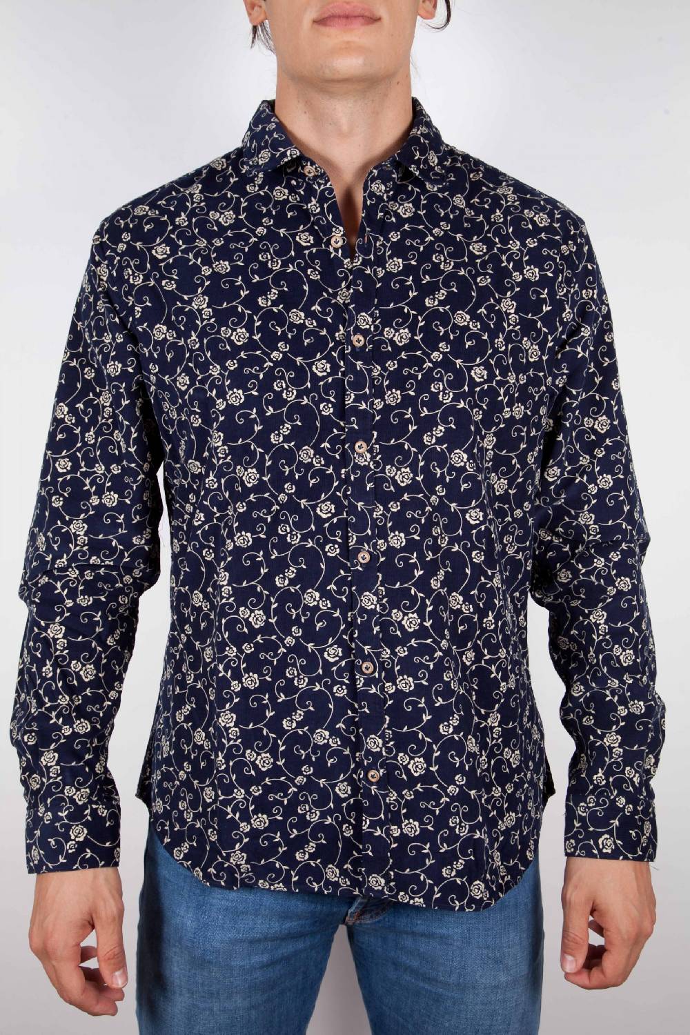 Poggianti Camicia Fantasia su riga Blu Collo Italiano