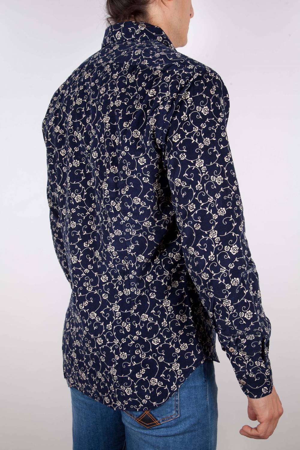 Poggianti Camicia Fantasia su riga Blu Collo Italiano Nuova