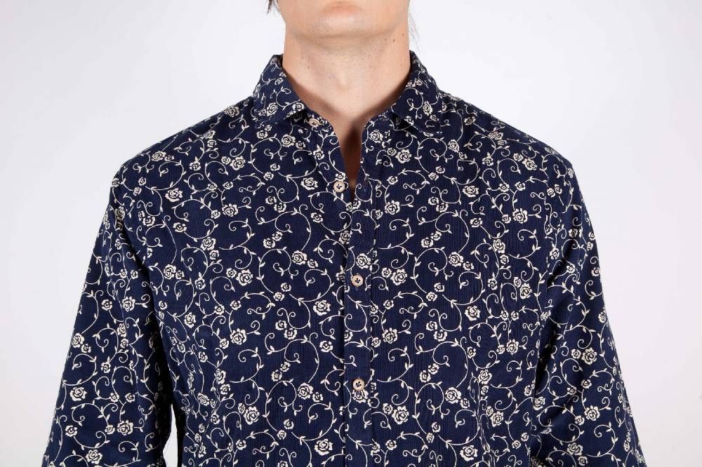 Poggianti Camicia Fantasia su riga Blu Collo Italiano Nuova