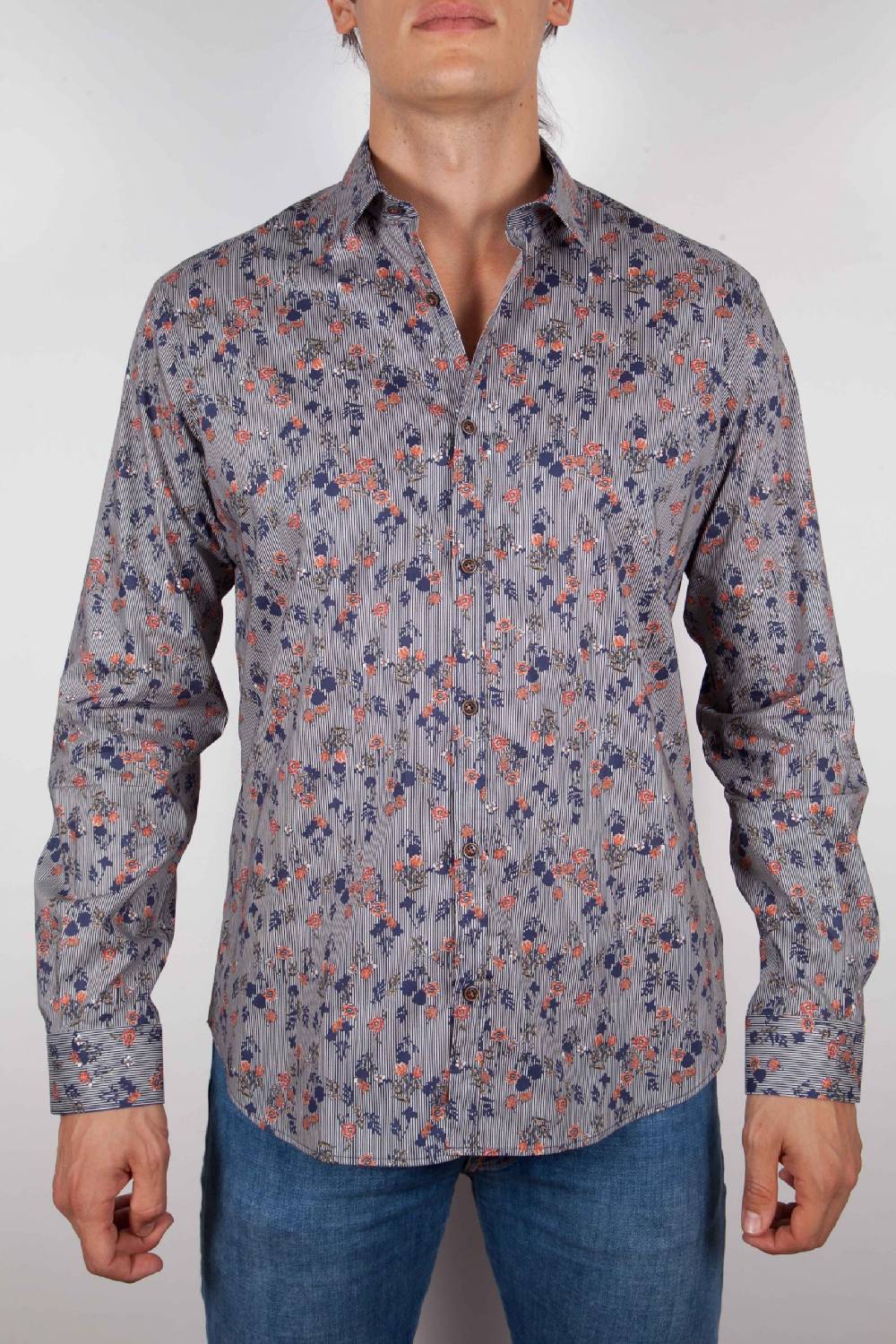 Poggianti Camicia Fantasia su riga Blu Collo Italiano
