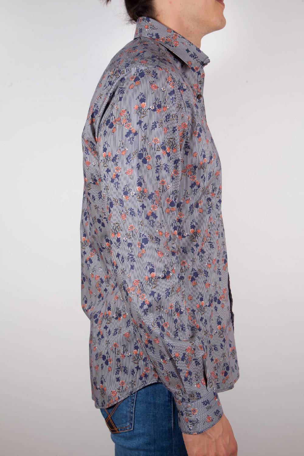 Poggianti Camicia Fantasia su riga Blu Collo Italiano Moda