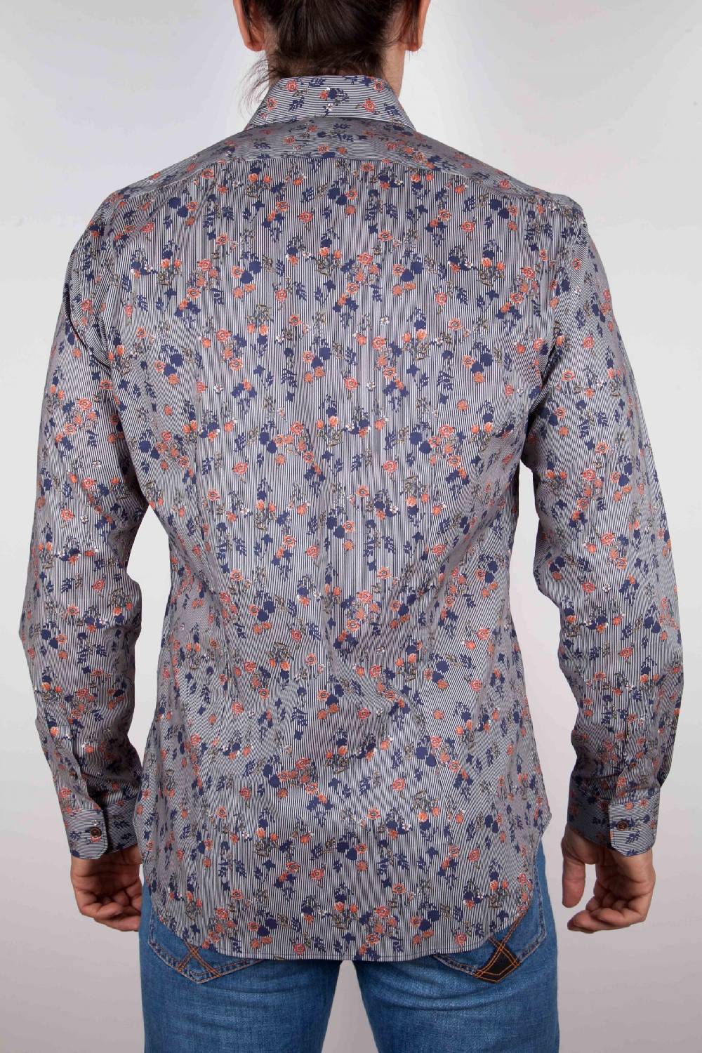 Poggianti Camicia Fantasia su riga Blu Collo Italiano Moda