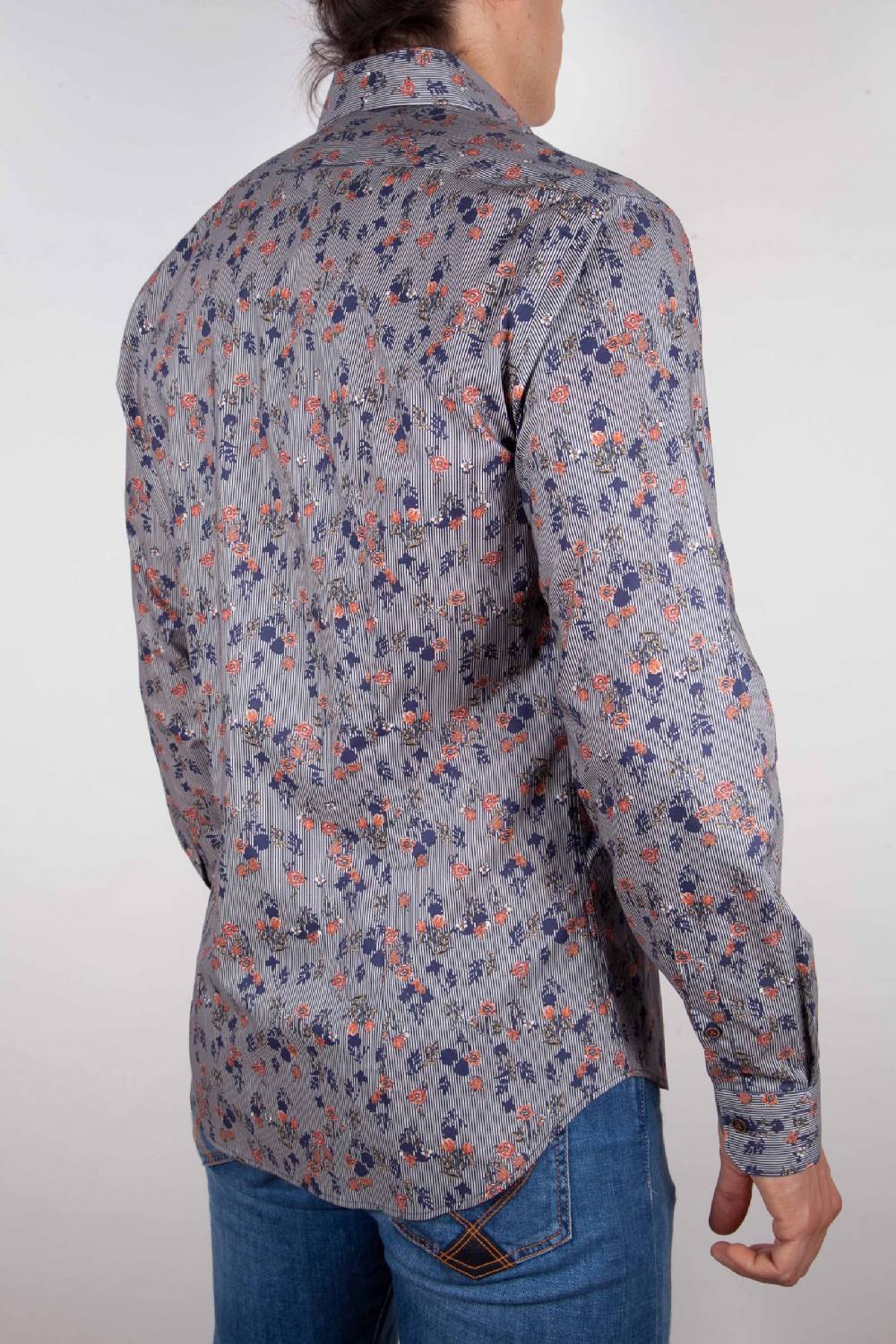 Poggianti Camicia Fantasia su riga Blu Collo Italiano Moda