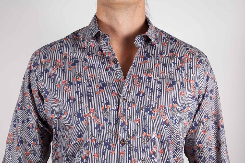 Poggianti Camicia Fantasia su riga Blu Collo Italiano Moda