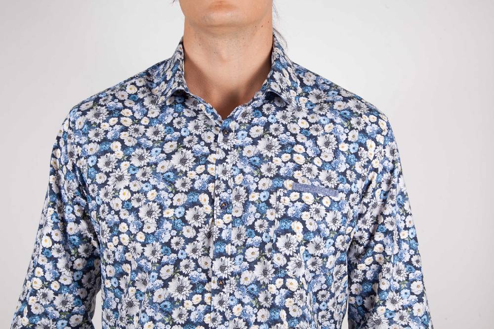 Poggianti Camicia Fantasia Blu Collo Italiano 2025