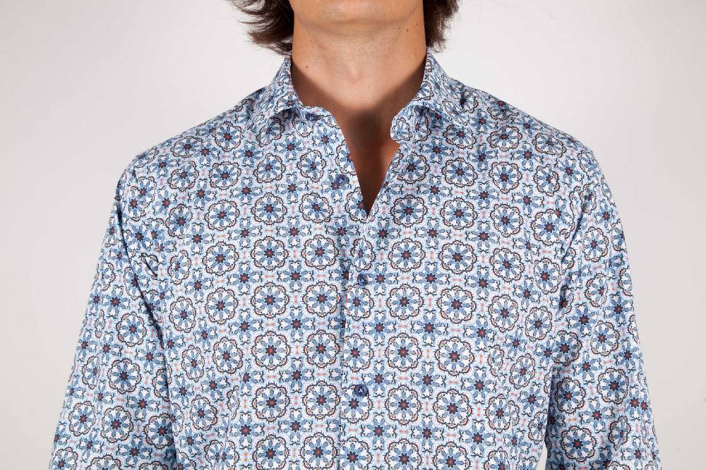 Poggianti Camicia Fantasia Collo Morbido Azzurra Vendita