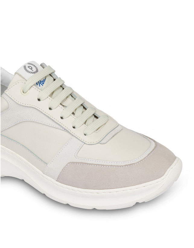 Pollini Sneakers In Vitello, Nabuk E Crosta Roomy Avorio/perla/bianco/bianco/avorio Soddisfazione Garantita