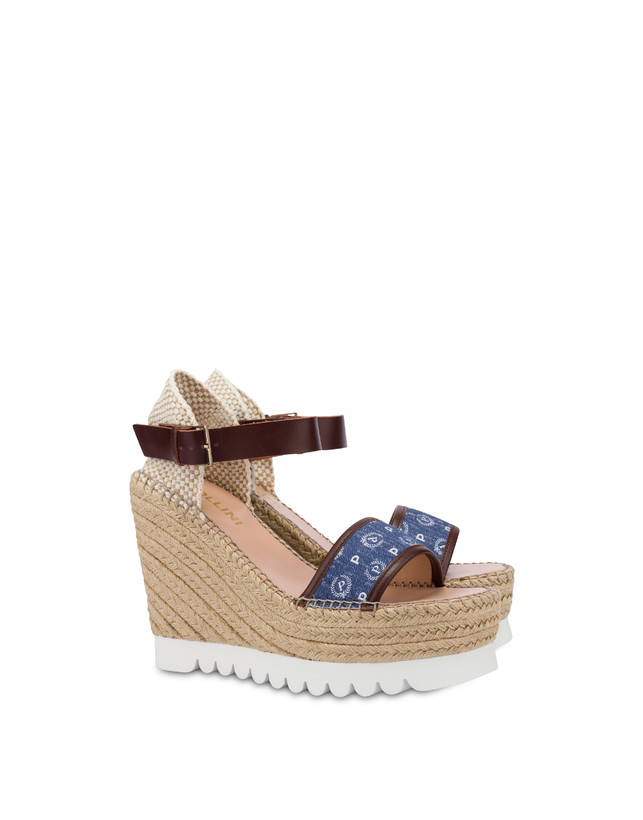Pollini Sandali Con Zeppa Espadrillas Heritage Denim Jacquard Blu/marrone Sconto