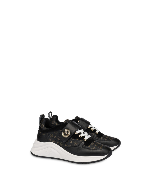 Pollini Sneakers In Vitello E Pvc Logo Heritage Nero/nero Saldi Di Fabbrica