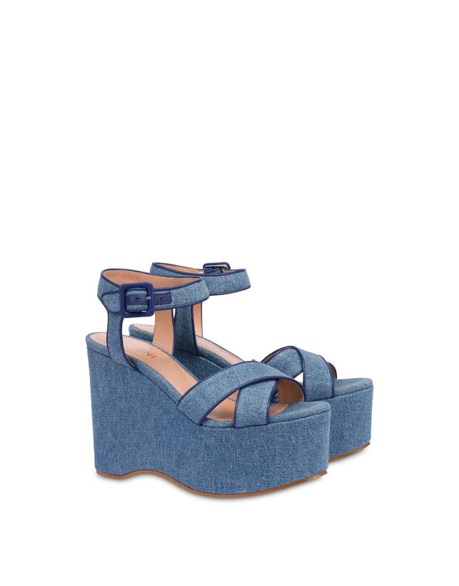 Pollini Sandali In Denim Con Zeppa Capri Denim/navy In Linea