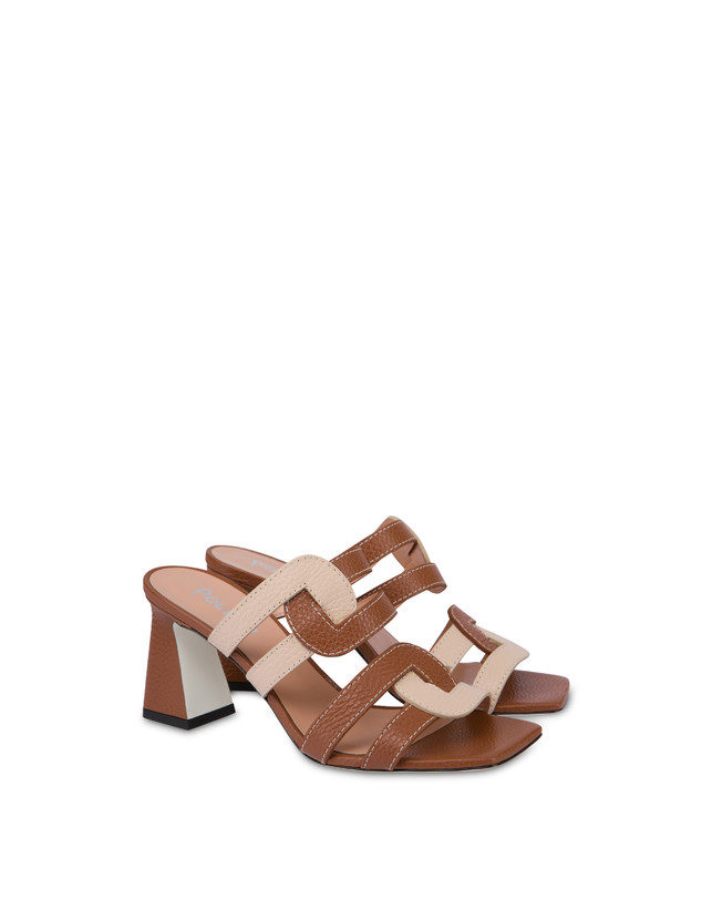 Pollini Mules Con Tacco In Vitello Interlock Wood/sabbia Affare Del Giorno