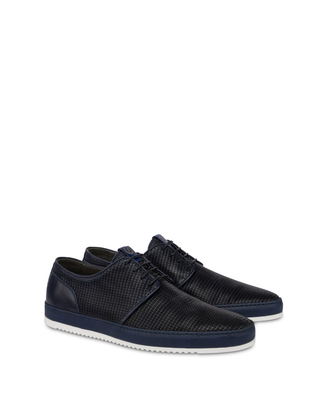 Pollini Derby In Pelle Stampa Traforata Foxing Blu Moda