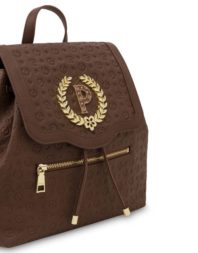 Pollini Zaino Heritage Logo Embossed Marrone In Linea