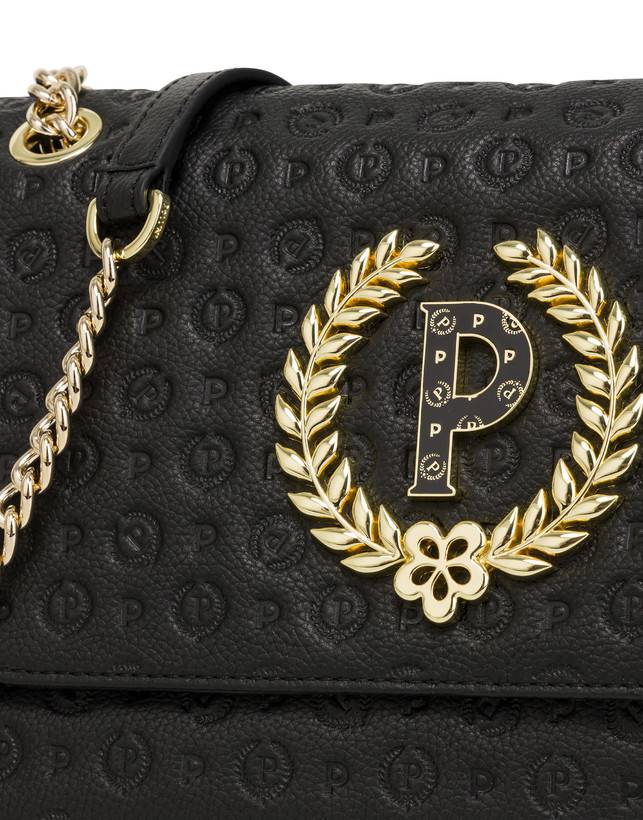 Pollini Borsa A Spalla In Vitello Heritage Logo Embossed Nero Offerta