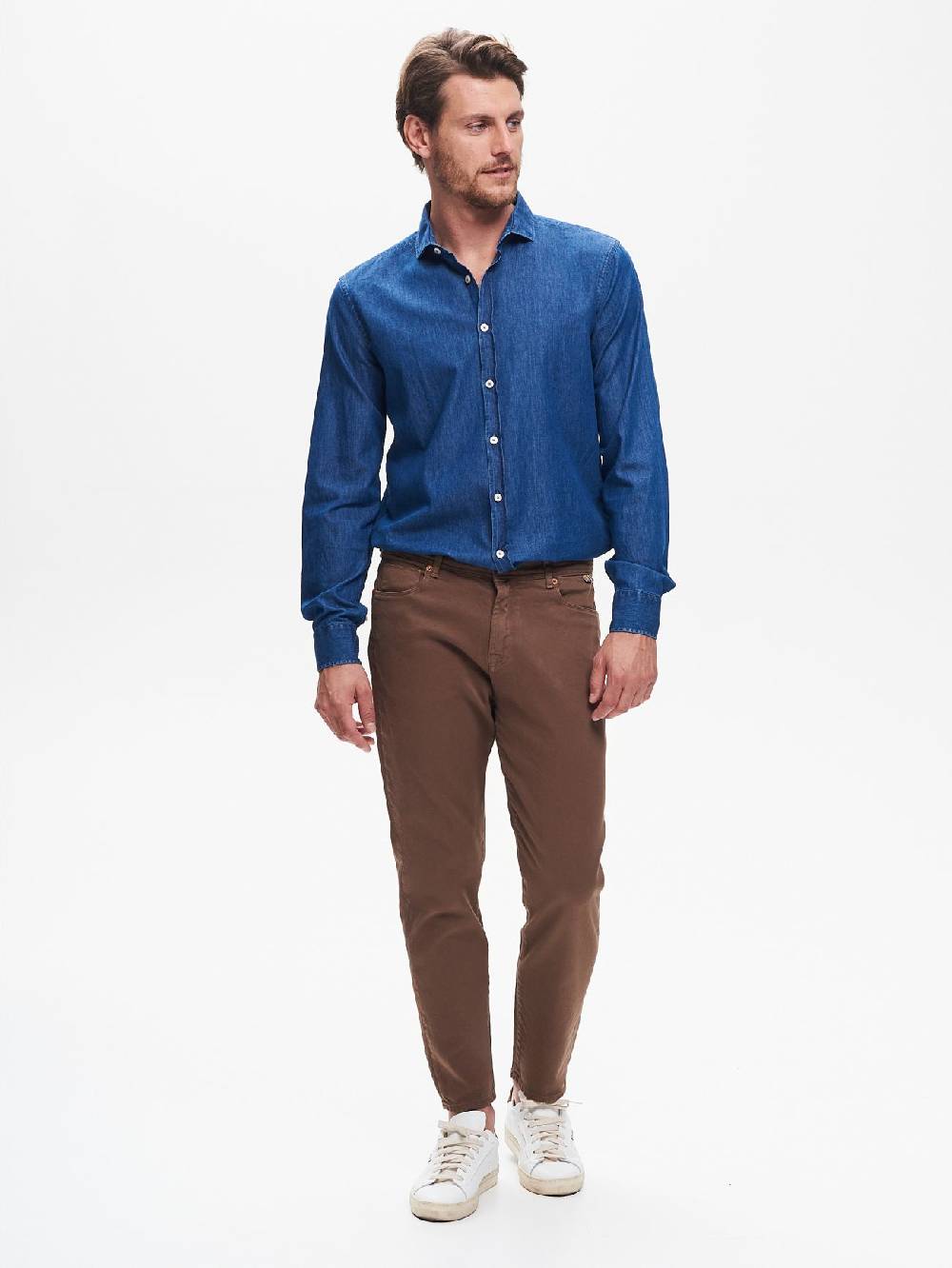 Rinascimento Camicia in Denim Uomo Lavaggio Medio Blu QB24 Vendita Economica