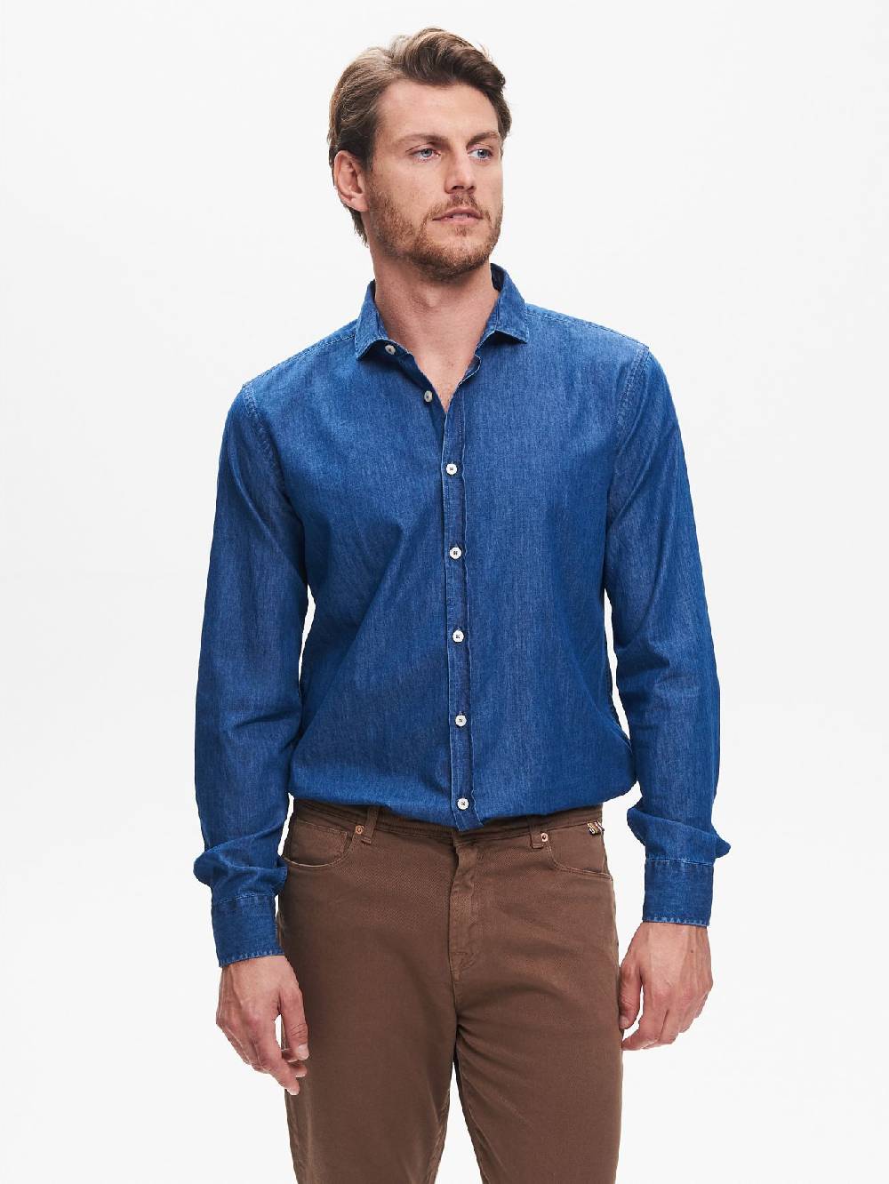 Rinascimento Camicia in Denim Uomo Lavaggio Medio Blu QB24 Vendita Economica