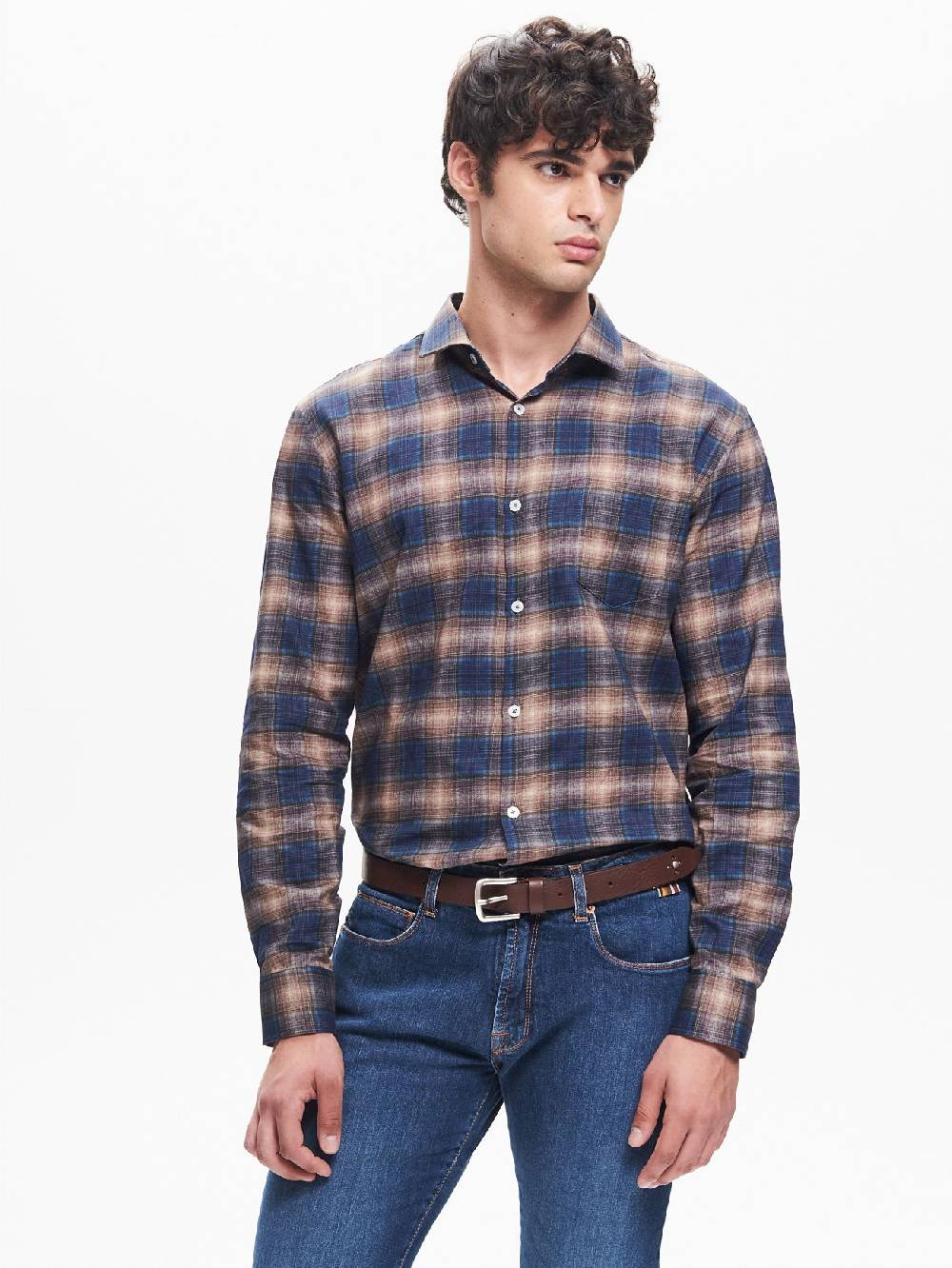 Rinascimento Camicia Check Uomo Collo alla Francese Blu QB24 I Più Venduti