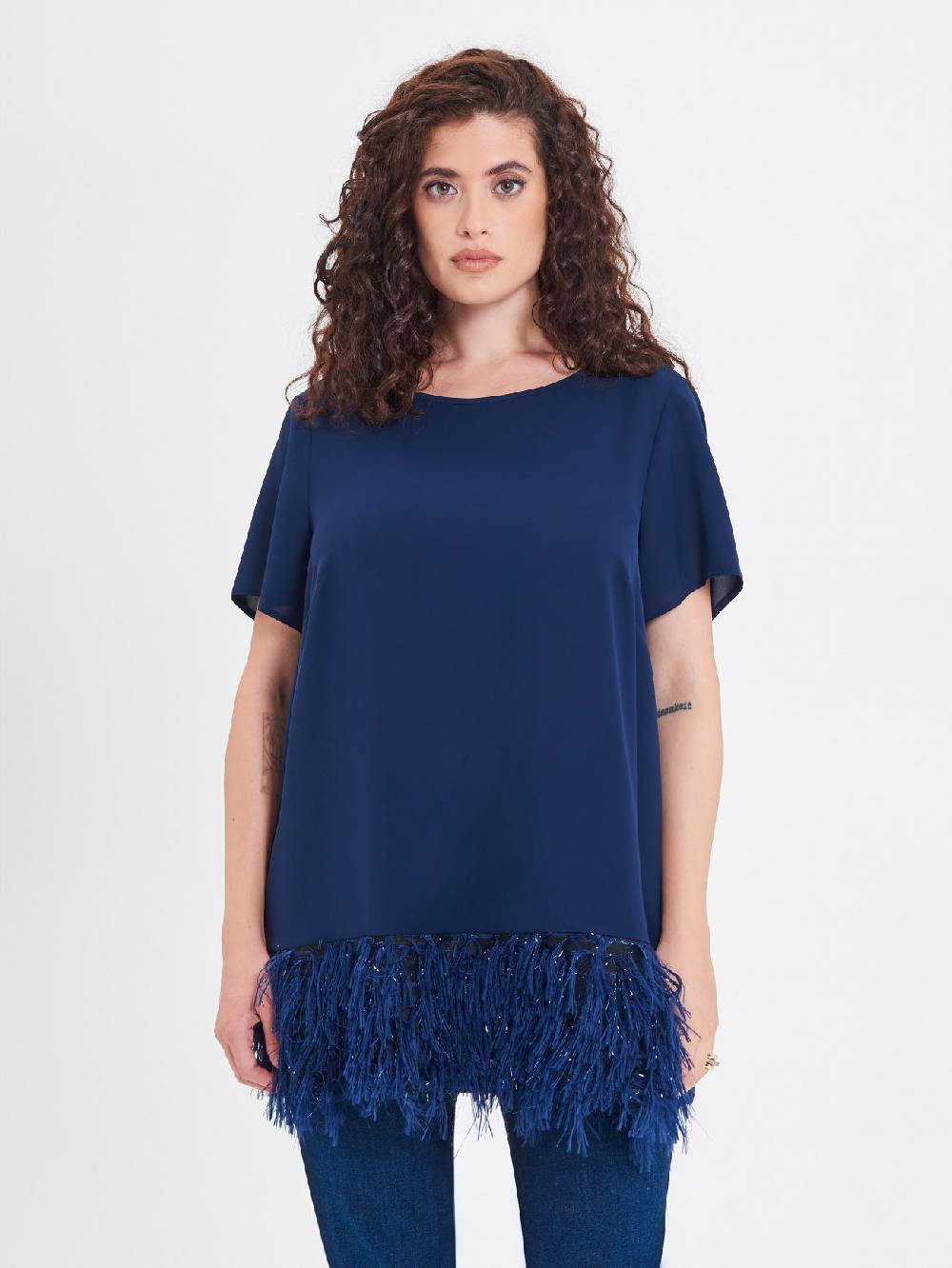 Rinascimento Blusa Curvy con Piume Lurex Acquista Ora