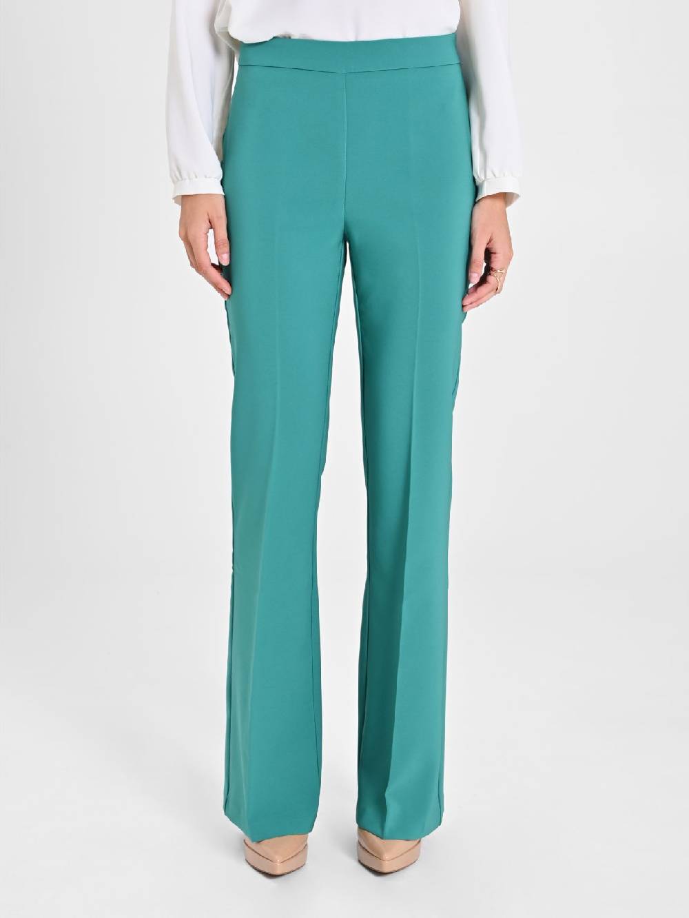 Rinascimento Pantaloni Flared in Tessuto Tecnico Verde Giada Donna Consegna Veloce