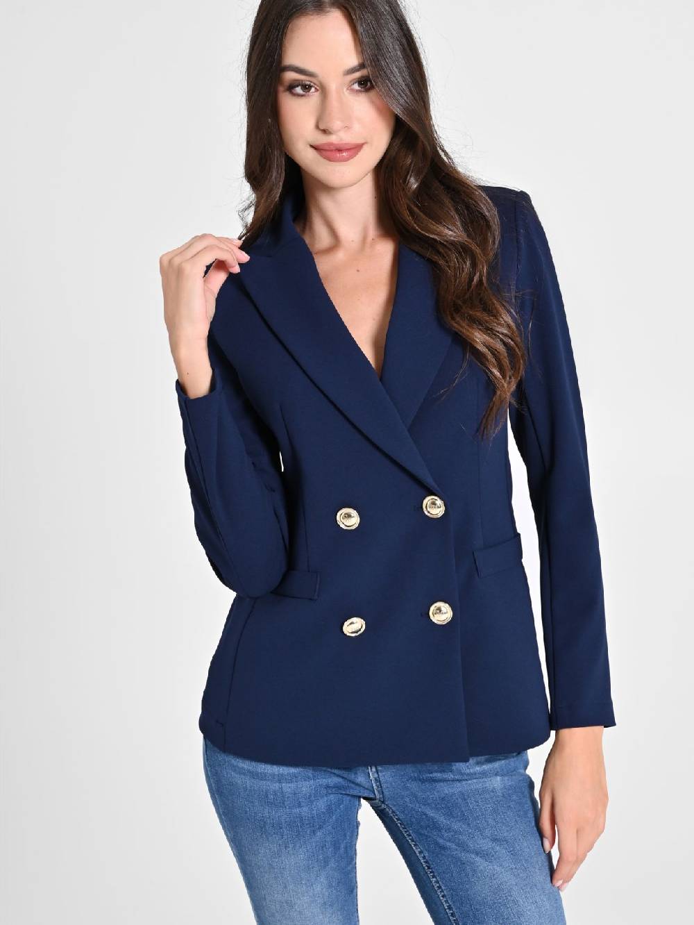 Rinascimento Giacca Doppiopetto Blu in Scuba mano Crepe Offerta speciale