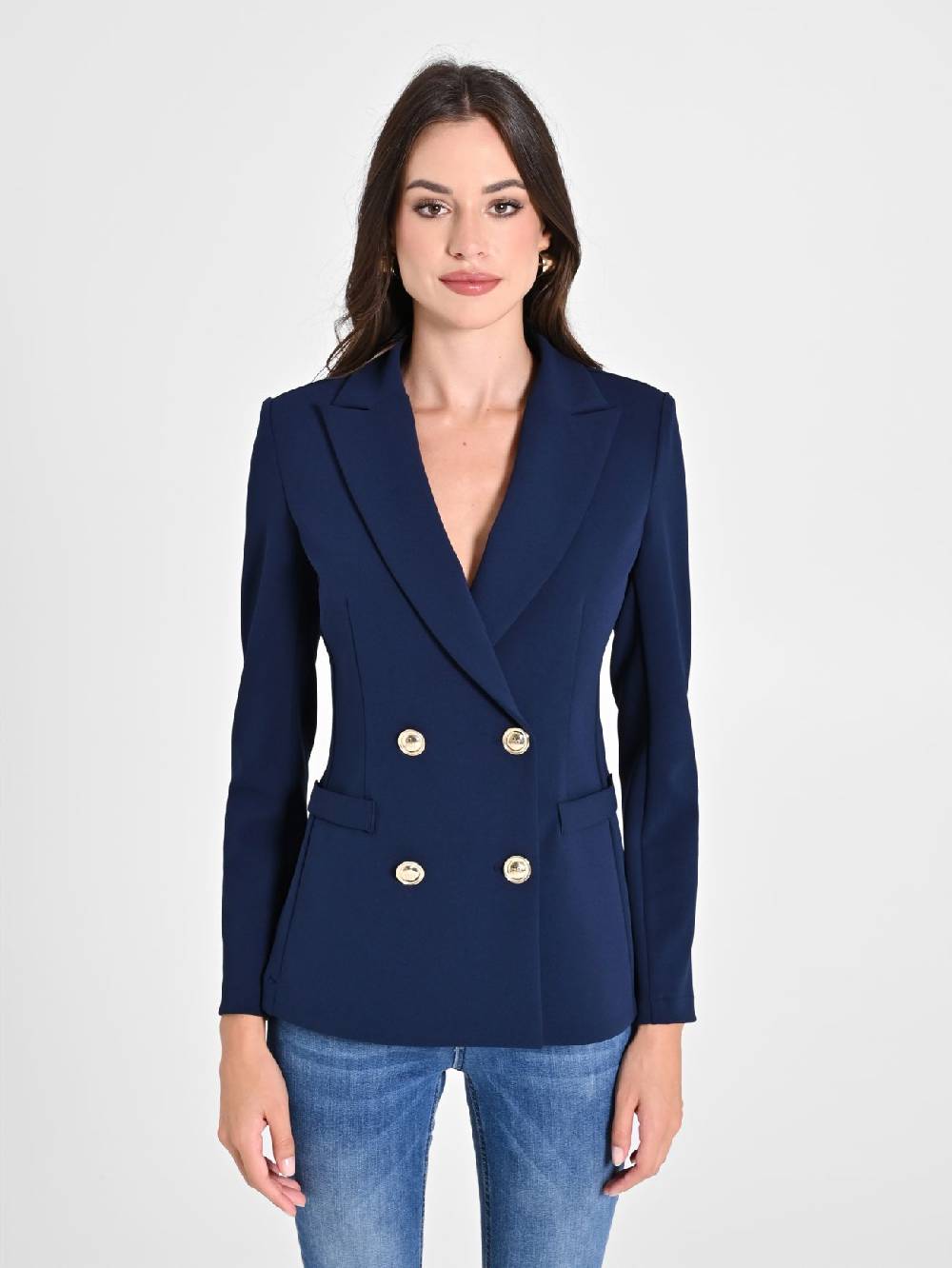 Rinascimento Giacca Doppiopetto Blu in Scuba mano Crepe Offerta speciale