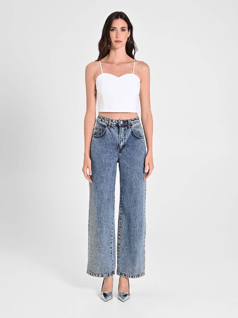 Rinascimento Crop Top Bianco con Scollo a Cuore Liquidazione